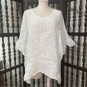 White 100% Linen Oversized Boxy Ruffle Scoop Lagenlook Fairy Grunge Italy Top